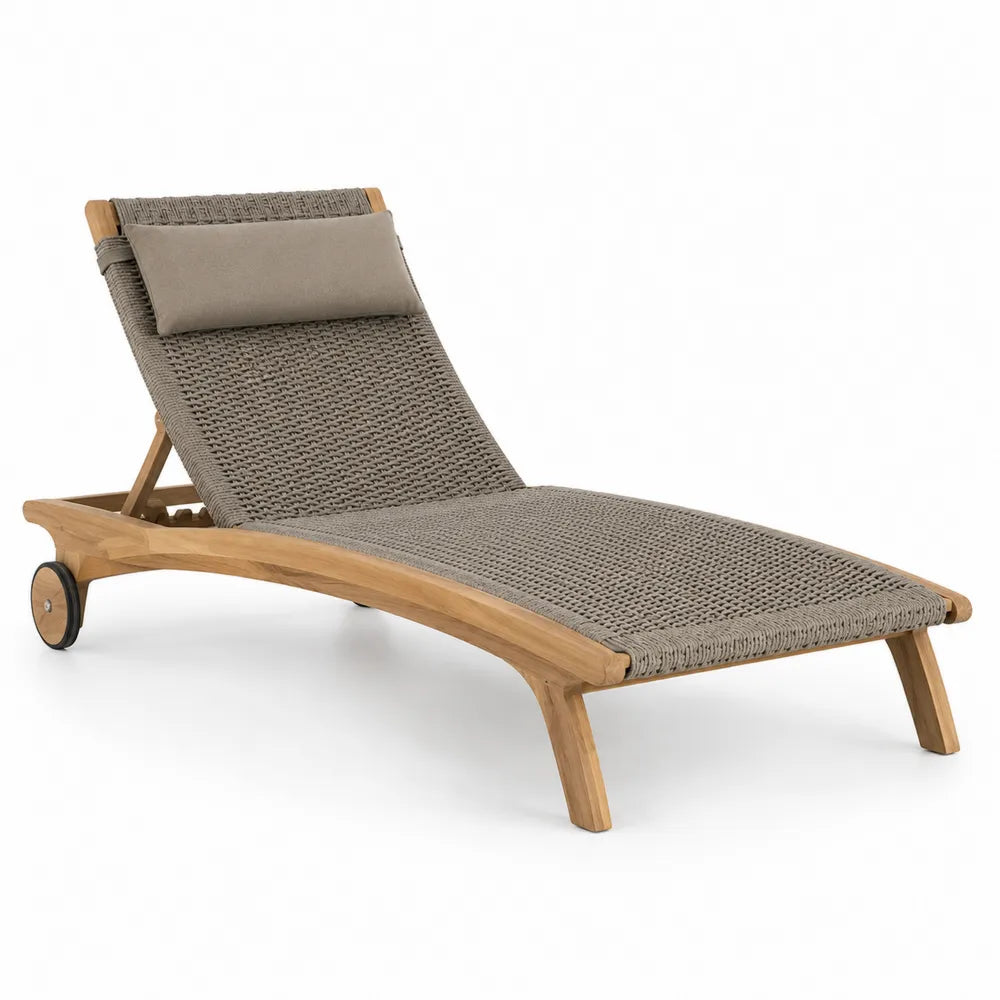 Chaise Longue d'Extérieur en Teck et Corde Beige