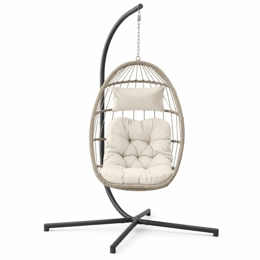 Chaise suspendue en résine avec coussin écru et structure en acier