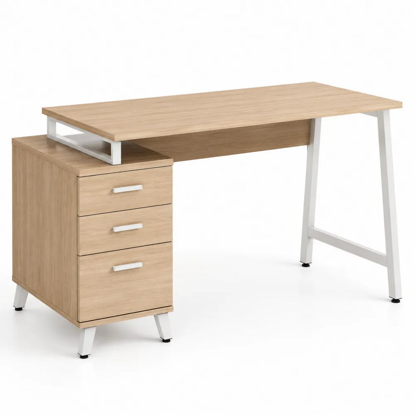 Bureau en bois chêne clair avec 3 tiroirs et cadre métallique blanc 120 cm