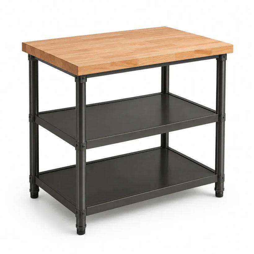 Table de travail de cuisine avec plateau en bois de hêtre et étagères en acier