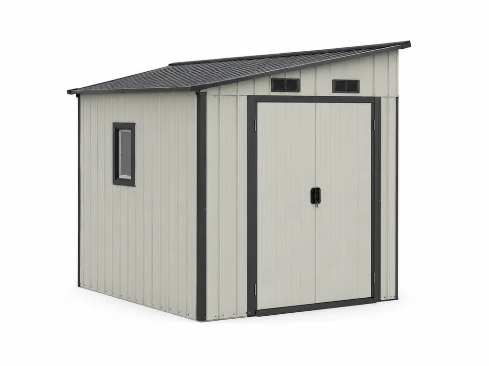 Abri de jardin en métal galvanisé gris avec toit incliné et fenêtre