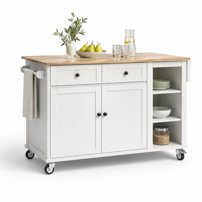 Chariot de cuisine en bois et MDF blanc avec roulettes