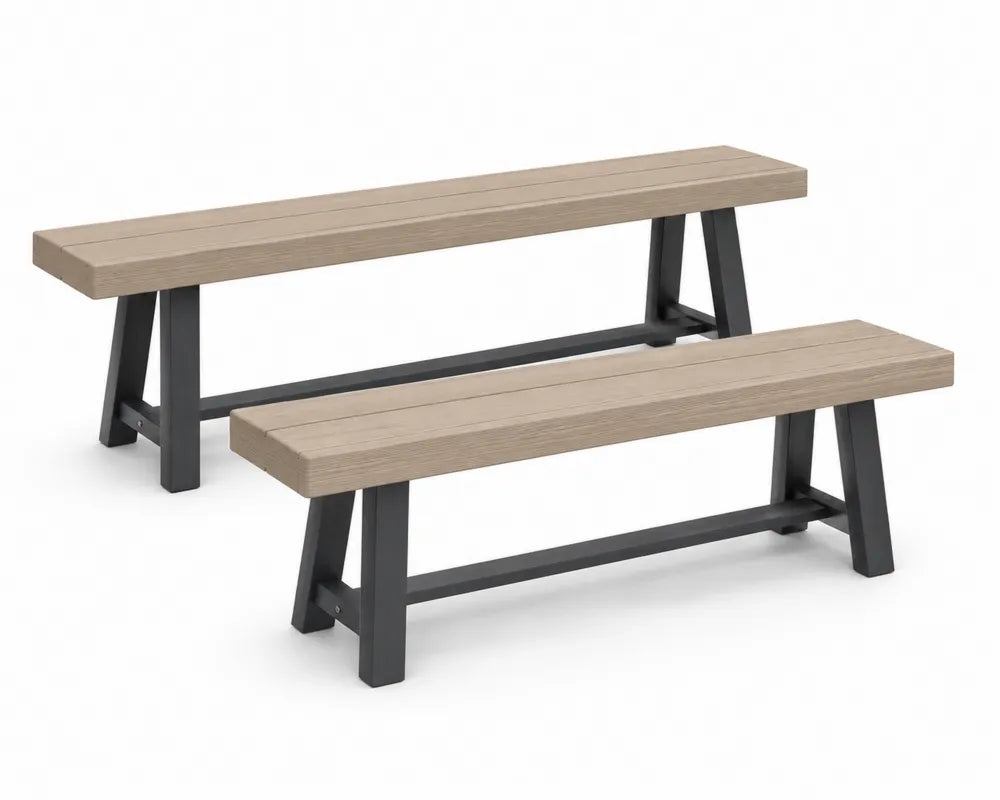 Banc en bois composite et métal noir, ensemble de 2