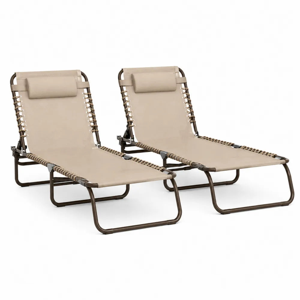 Ensemble de 2 Chaises Longues Inclinables Extérieures en Acier et Textilène Beige
