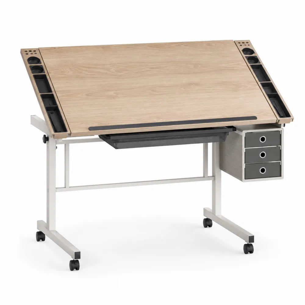 Table à dessin en bois avec tiroirs et roulettes