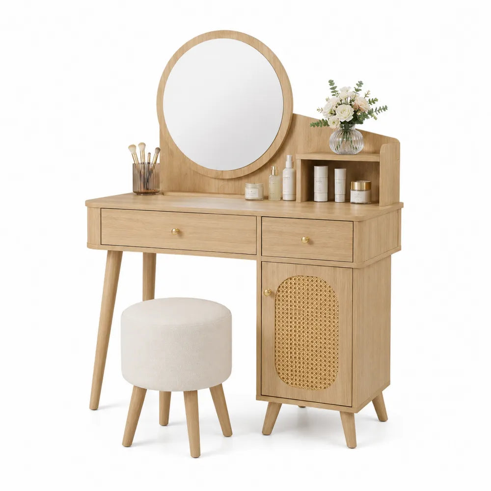 Coiffeuse en bois avec miroir rond et tabouret en tissu beige