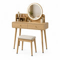 Coiffeuse en Bois avec Miroir Rond LED et Tabouret