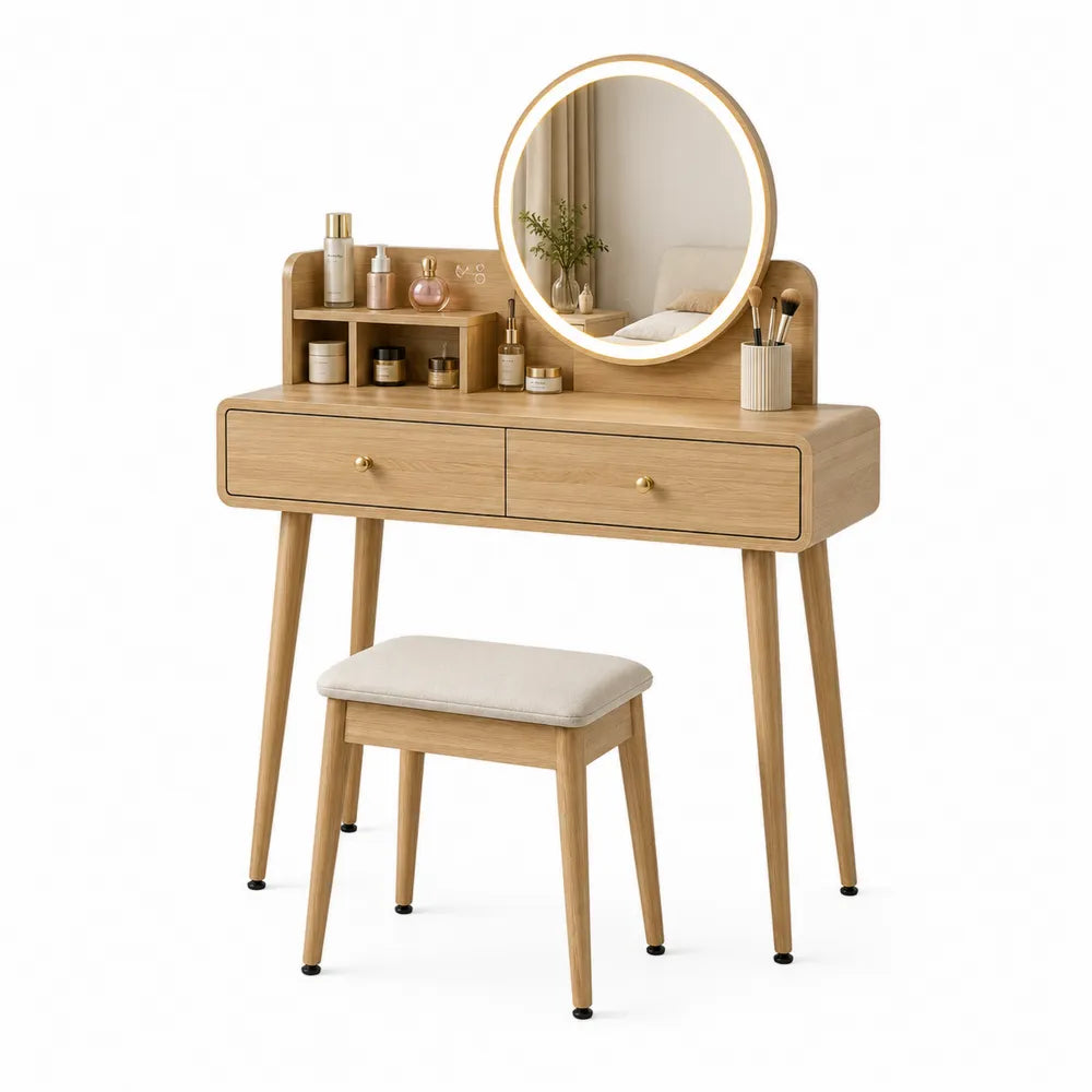 Coiffeuse en Bois avec Miroir Rond LED et Tabouret